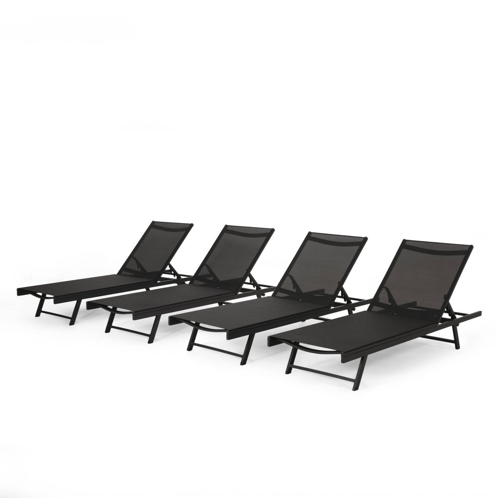 Salton 4pc Patio Aluminum Chaise Lounges with Mesh Seating Black Dark Gray Christopher Knight Home