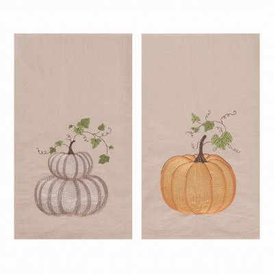 Transpac Cotton Multicolor Harvest Embroidered Pumpkin Tea Towel Set of 2