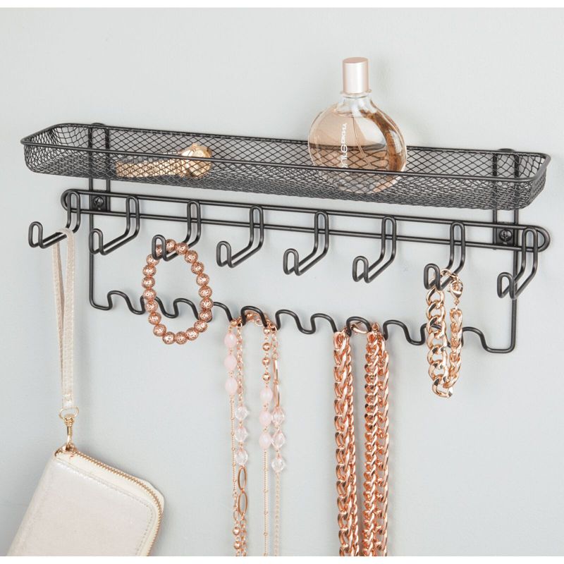 mDesign Steel Wall Mount Tie/Belt Organizer Rack with 8 Hooks/Basket, 3 of 9
