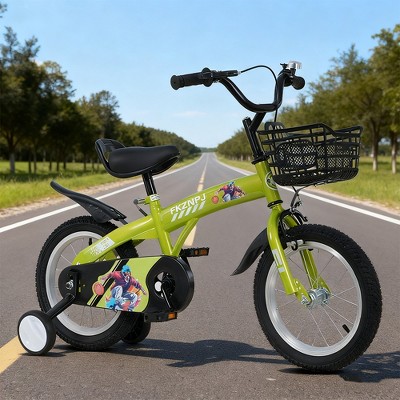 KWPZQEB 18" Sporty Kids Bike, Child Bike w/ Training Wheels & Stand, Bicycles w/ Adjustable Saddle & Storage Basket for Boys and Girls, Multiple Color