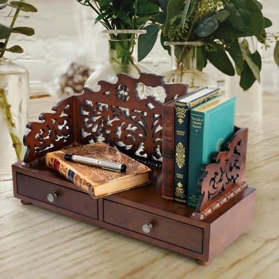 Antiquarian Floral Tracery Hardwood Desktop Organizer with Faux Brass Handles