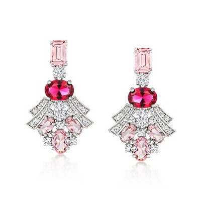 Ross-Simons 3.10 ct. t.w. Simulated Morganite and 1.50 ct. t.w. Simulated Ruby Drop Earrings With 1.20 ct. t.w. Czs in Sterling Silver