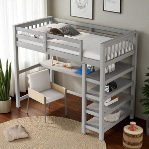 Twin Size Loft Bed with Desk and Storage Shelves, Space-Saving Wooden Frame with Guardrails - 1 of 4