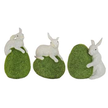 7" Artificial Green Moss Eggs with White Bunnies (Set of 3) - National Tree Company