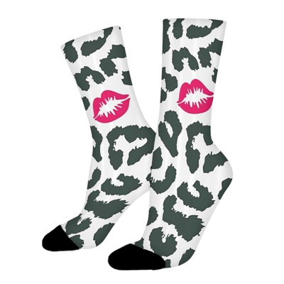 Sexy Leopard Print With Red Lips Women Printed Crew Socks Funny Funky Socks Soft Polyester Novelty Gifts for Artists Men