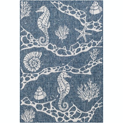 Navy Blue and Ivory Synthetic Coastal Outdoor Area Rug 4' x 6'