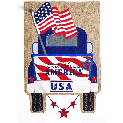 Evergreen Patriotic Pick-Up Truck Burlap Garden Flag, 12.5 x 18 inches