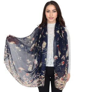 Anna-Kaci Women's Lightweight Floral Birds Print Scarf Cotton Linen Shawls Wrap Scarves - 1 of 4