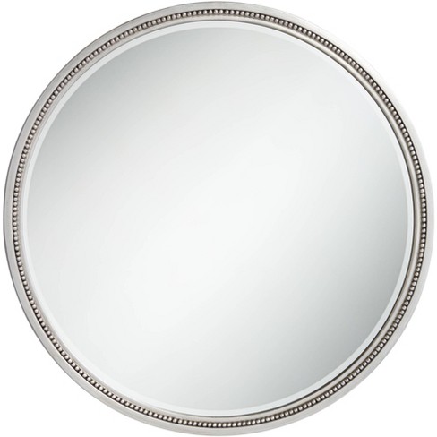 Noble Park Lorraine Round Vanity Decorative Wall Mirror Modern Beveled  Beaded Trim Silver Wood Frame 32 3/4