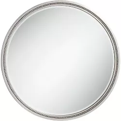 Noble Park Round Vanity Decorative Wall Mirror Modern Silver Beaded Trim Wood Finish Frame Beveled 32 3/4" Wide for Bedroom Living Room
