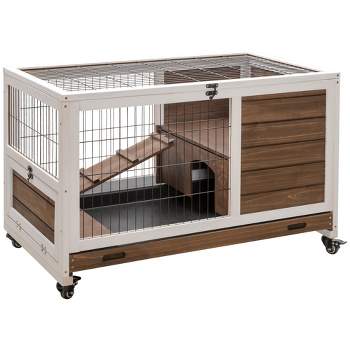 PawHut Wooden Rabbit Hutch Indoor Elevated Cage Habitat with No Leak Tray Enclosed Run with Wheels, Ideal for Rabbits and Guinea Pigs