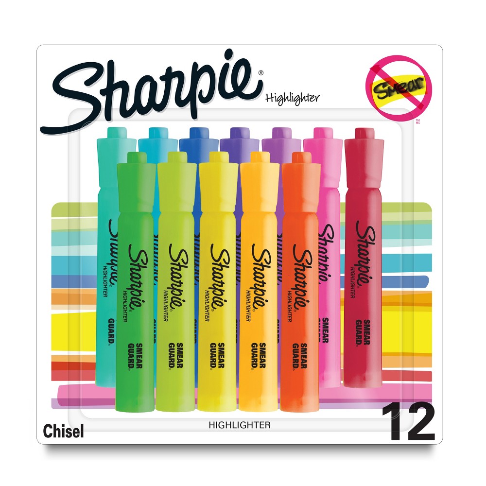 Sharpie 12pk Highlighters Tank Chisel Tip Assorted Colors: Bold Multicolored Markers for School & Office