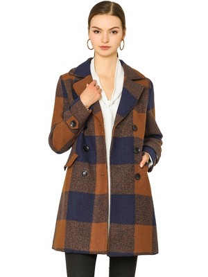 Allegra K Women's Notched Lapel Double Breasted Winter Plaids Overcoat
