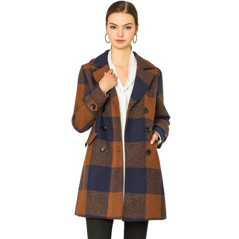 Allegra K Women's Checks Double Breasted Notched Lapel Winter Long ...