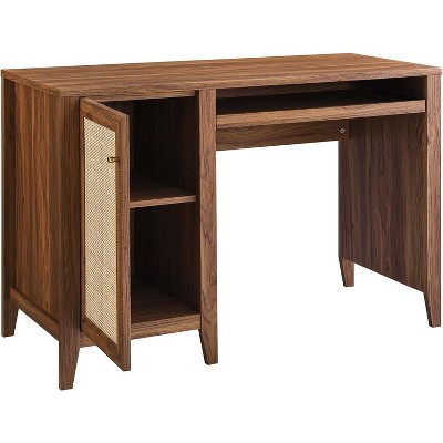 Walnut Wood Office Desk with Rattan Door and Keyboard Tray
