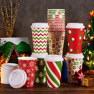 Joyfy 24 Pack 16 oz Christmas Hot Cups with Lids & Sleeves – Holiday Designs, Christmas Disposable Coffee Cups