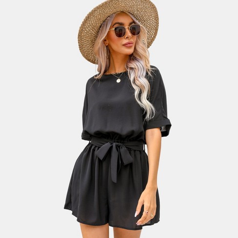 Women's Belted Boat Neck Romper -cupshe-l-black : Target