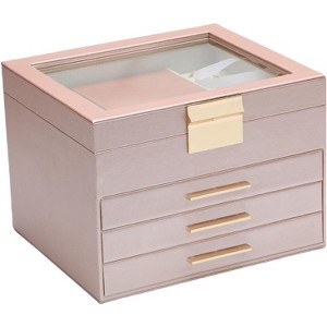 3-Layer Jewelry Box with Clear Lid and 2 Drawers, Black Multi-Functional Organizer for Rings, Earrings, Necklaces - 1 of 4