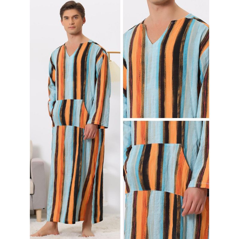 Lars Amadeus Men's V Neck Long Sleeves Contrast Color Striped Pattern Nightshirts, 3 of 6