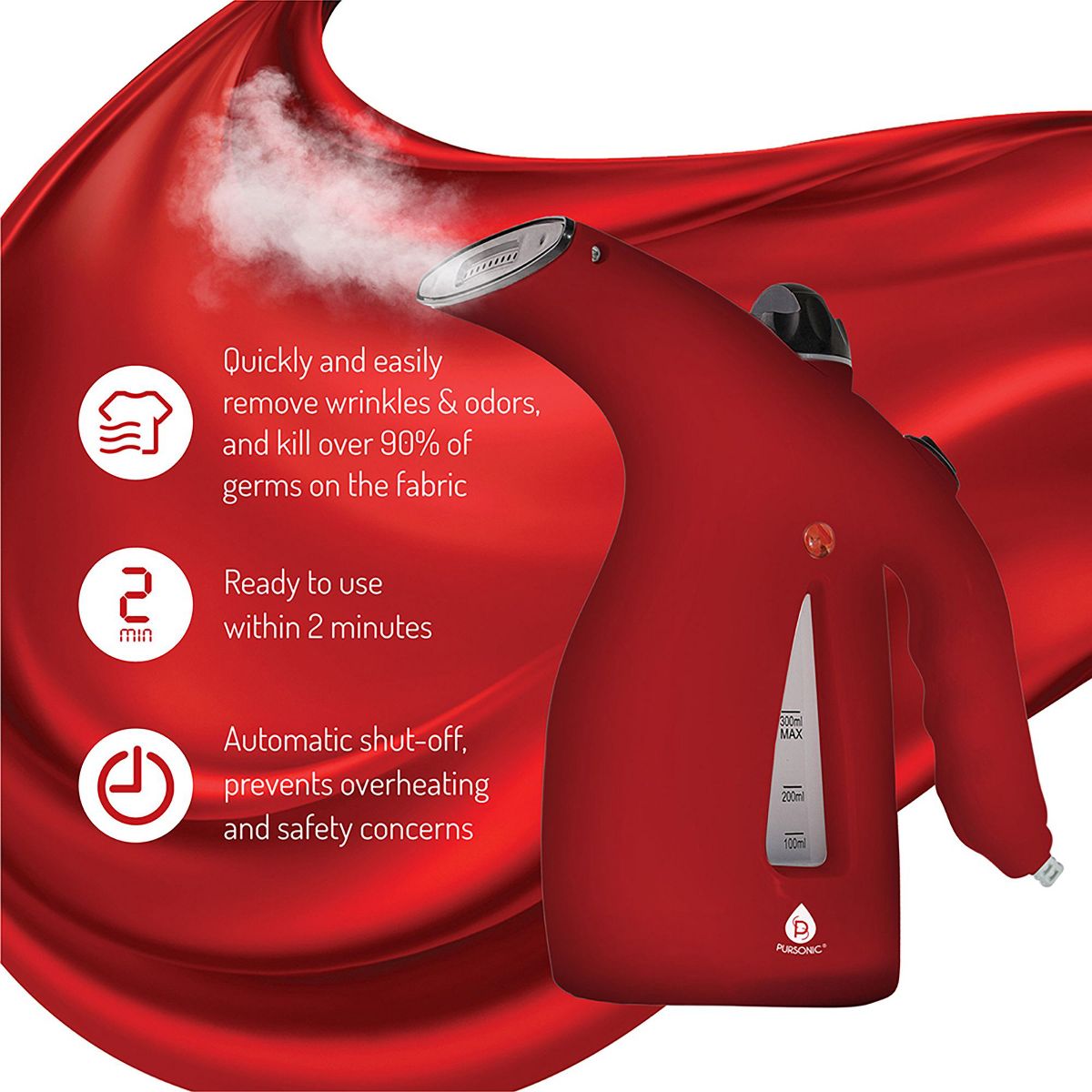 Pursonic 300ml Handheld Fabric Fast 2 Minute Heat-up Powerful Travel Clothes Garment Steamer - thumbnail 3