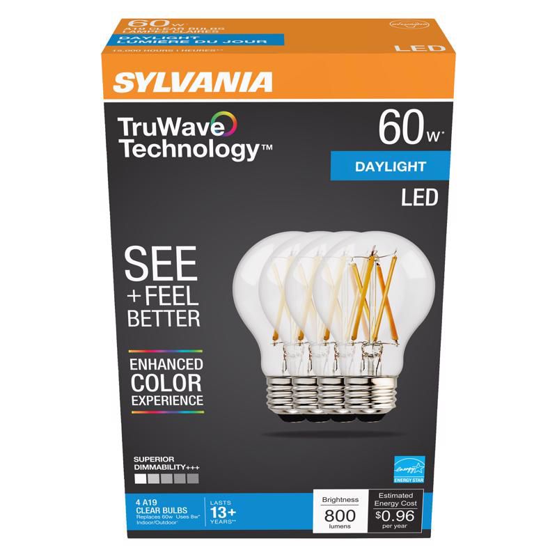Sylvania TruWave A19 E26 (Medium) LED Bulb Clear Daylight 60 Watt Equivalence 4 pk, 1 of 2