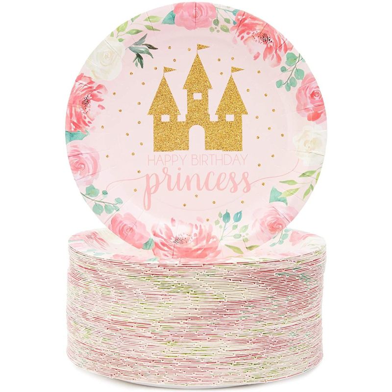 Sparkle and Bash 80Pcs Pink Princess Castle Design Disposable Paper Plates 7" for Birthday Party Supplies, 1 of 6