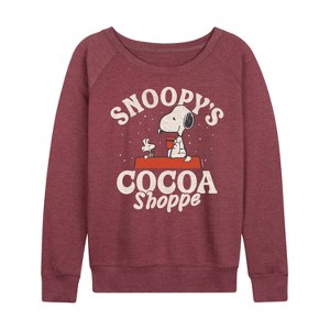 Women's - Peanuts - Snoopys Cocoa Shoppe Lightweight French Terry Wide Neck Long Sleeve Graphic Shirt - 1 of 4