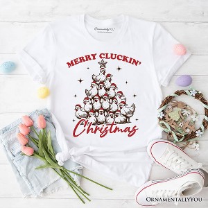 Merry Cluckin' Christmas Tree T‑Shirt, Funny Santa Hat Chicken Farmhouse Tee | OrnamentallyYou - 1 of 4
