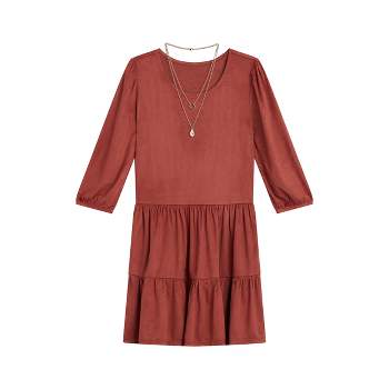 Beautees Girls' Faux Suede Tiered Dress with Necklace