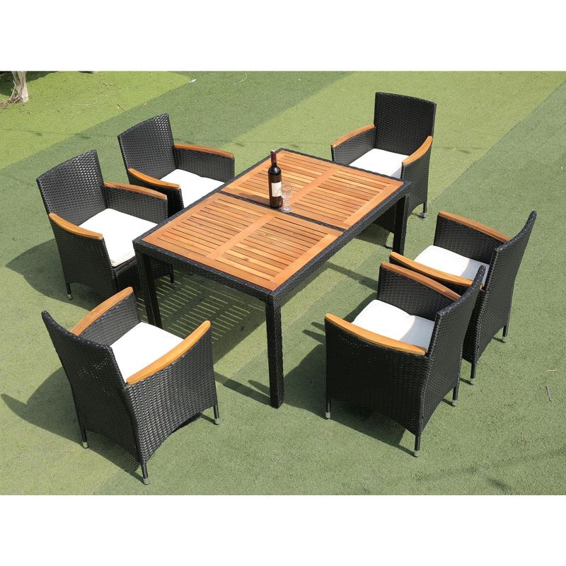 7-Piece Patio Wicker Dining Set, Outdoor Furniture with Acacia Wood Top Table, Black 4M - ModernLuxe, 4 of 9