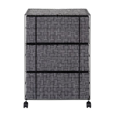 Black and White Woven 3-Drawer Rolling Storage Chest
