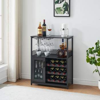 Whizmax Wine Bar Cabinet with Drawer and Storage Shelves, Bar Cabinet with Glass Holder, Small Sideboard and Buffet Mesh Door for Liquor and Glasses