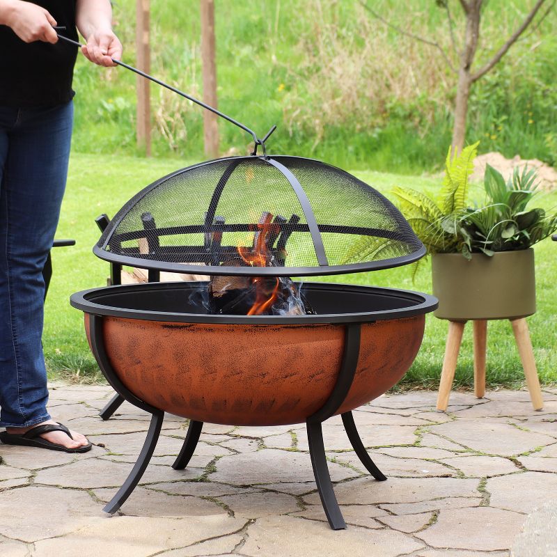 Sunnydaze Outdoor Portable Camping or Backyard Large Round Fire Pit Bowl with Spark Screen, Wood Grate, and Log Poker - 32" - Copper Finish, 6 of 13