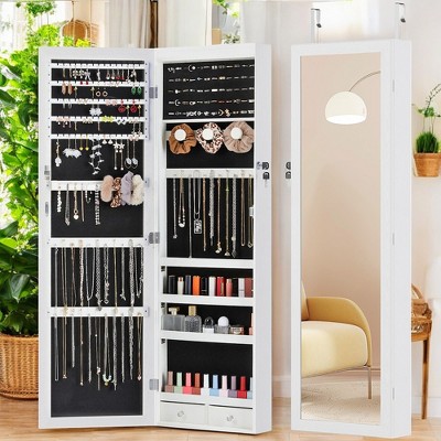 Alilang 14.20 Inch Over-the-Door Jewelry Organizer with Mirror and Multi-Storage Compartments - White