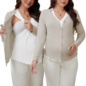 INSPIRE CHIC Women's Maternity Button Down Shirts Pregnancy Clothes Long Sleeve V Neck Faux 2-Pcs Nursing Tops - 1 of 4