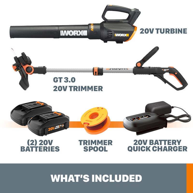 Worx WG928 Power Share 20V GT 3.0 Trimmer & Turbine Blower (Batteries & Charger Included), 3 of 8