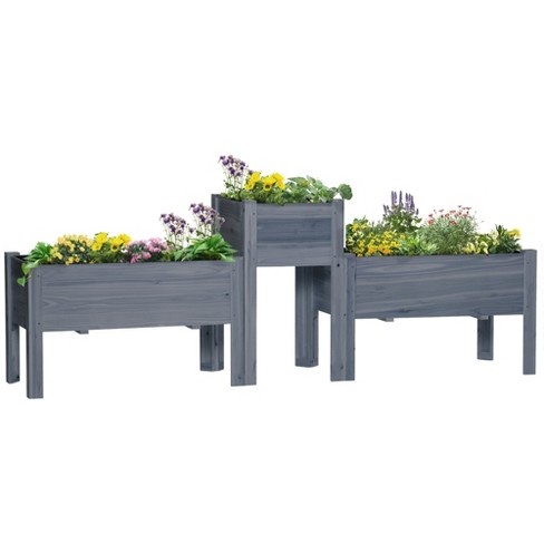 Outsunny Set Of 3 Raised Garden Beds, Self-draining Elevated Wood Planter Boxes With Legs Liner To Grow Vegetables, Herbs, And Flowers, Gray : Target
