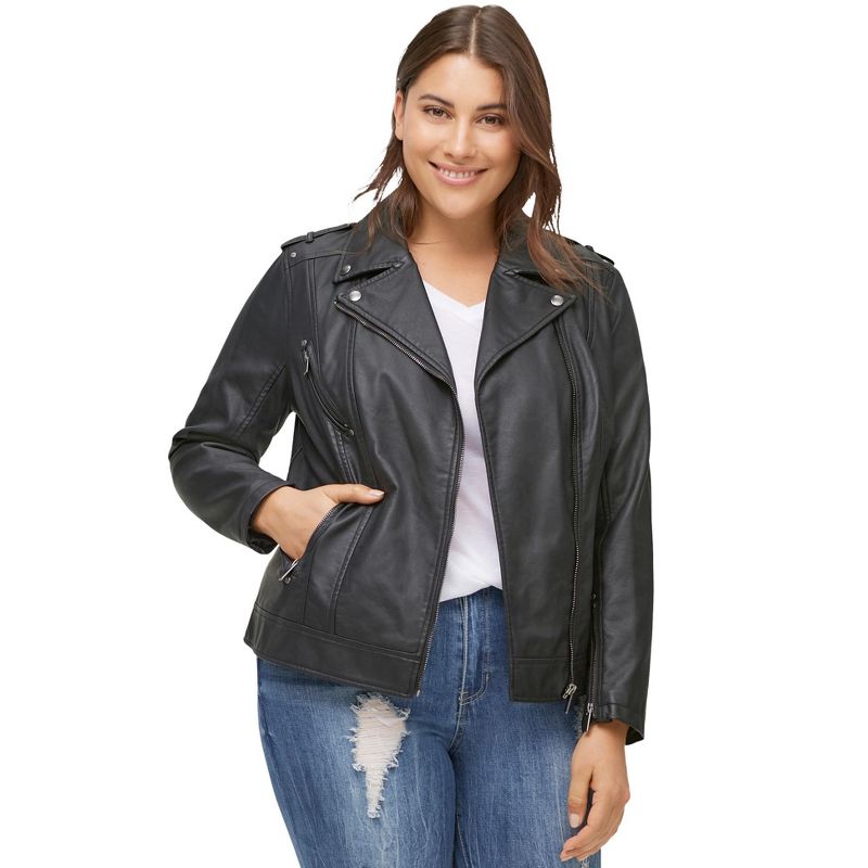 ellos Women's Plus Size Faux Leather Moto Jacket, 1 of 2