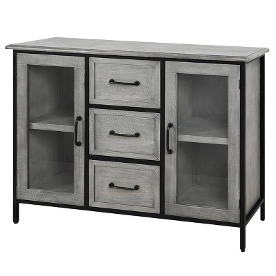 Gray Wood and Metal Cabinet with Glass Doors and Drawers