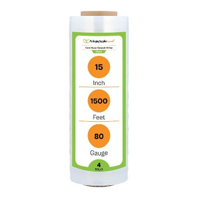 PSBM 4 Rolls Clear 15" x 1500 Ft. 80 Gauge Cast Hand Pallet Stretch Wrap Shrink Film