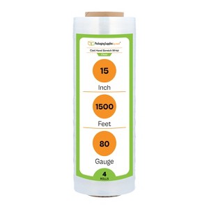 PSBM 4 Rolls Clear 15" x 1500 Ft. 80 Gauge Cast Hand Pallet Stretch Wrap Shrink Film - 1 of 4