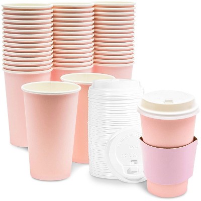 48-Pack Blush Pink Insulated Disposable Coffee Cups with Lids and Sleeves, 16oz Paper Hot Cup to Go for Wedding Reception, Girl Baby Shower Party