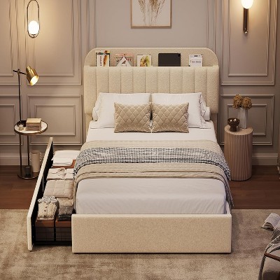 Bed Frame with 2 Flexible Drawers and Bookcase Headboard, Boucle Upholstered Platform Bed Easy Assembly, No Box Spring Needed