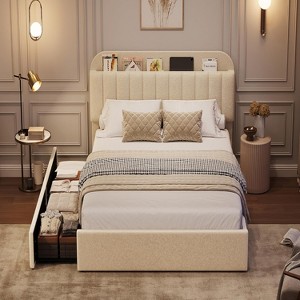 Bed Frame with 2 Flexible Drawers and Bookcase Headboard, Boucle Upholstered Platform Bed Easy Assembly, No Box Spring Needed - 1 of 4