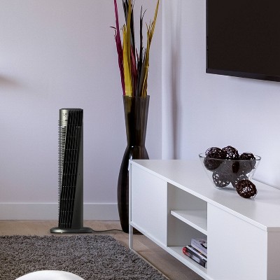 Black Remote Controlled Oscillating Tower Fan with Four Speeds