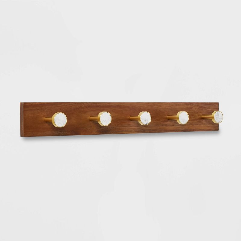 Metal and Faux Marble 5 Gold Hooks Rail on Acacia Wood - Threshold&#8482;, 1 of 5