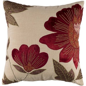 18"x18" Square Throw Pillow Cover Beige/Red - Rizzy Home: Cotton Velvet, Zipper Closure, Floral Appliqué - 1 of 4