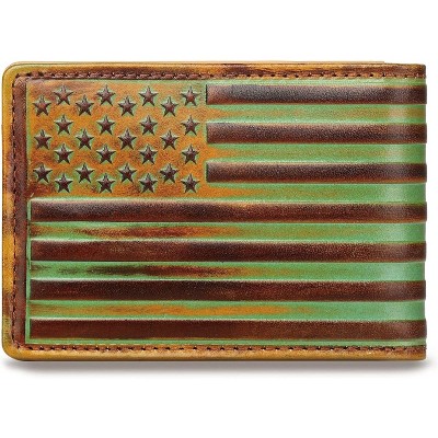 BEAFUP Men's Wallet,Flag Embossed Full Grain Leather Wallet,Vintage Western Leather Short Bifold Wallet Vintage Credit Cards Holder,Green