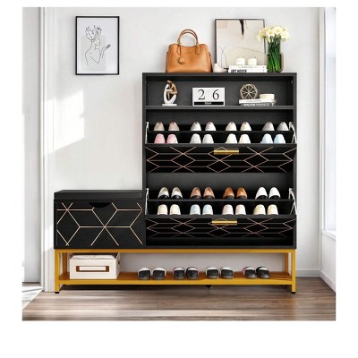 Large Shoe Cabinet with 2 Flip Drawer Hidden Storage Bench Organizer or Entryway