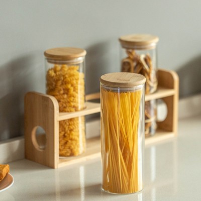 Basicwise 3 Pcs 30oz Glass Jars with Bamboo Shelf for Storing Coffee, Sugar, and Grains, Airtight Canisters for Nuts, Pasta.Ideal for Kitchen & Pantry — фото 4
